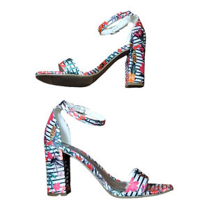 Worthington Beckwith Floral Stripe Heels Women's 7 Graphic Artsy Indie Quirky